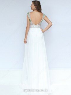 V-neck White Chiffon Floor-length Beading Cap Straps Prom Dresses #DS020101776