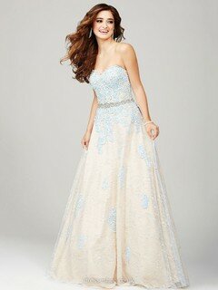 Sweetheart Champagne Lace Floor-length Appliques Lace Newest Prom Dresses #DS020101778