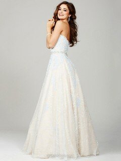 Sweetheart Champagne Lace Floor-length Appliques Lace Newest Prom Dresses #DS020101778