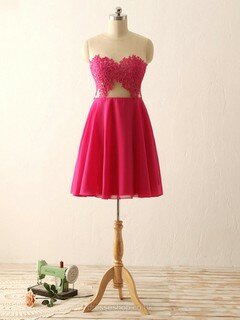 Fuchsia Scoop Neck Chiffon Tulle Short/Mini Appliques Lace Cheap Prom Dresses #DS020101793