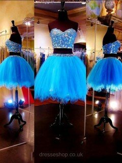 Two-pieces Sweetheart Tulle Short/Mini Beading Blue Prom Dresses #DS020101803