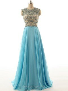 Scoop Neck Chiffon Tulle Floor-length Beading Open Back Blue Prom Dress #DS020101811