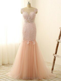Perfect Scoop Neck Pink Tulle with Appliques Lace Trumpet/Mermaid Prom Dresses #DS020101832