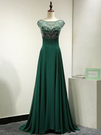 Dark Green Scoop Neck Tulle Chiffon Sweep Train Beading Backless Prom Dresses #DS020101836