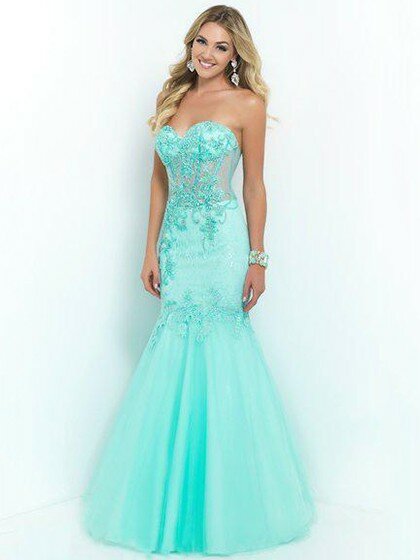 Sweetheart Beautiful Blue Tulle with Beading Trumpet/Mermaid Prom Dresses #DS020101848