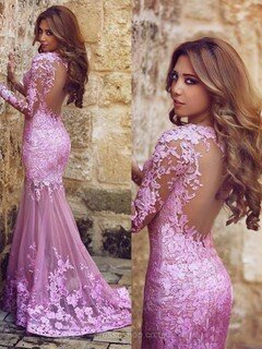 Trumpet/Mermaid V-neck Lilac Tulle Appliques Lace Long Sleeve Prom Dress #DS020101852