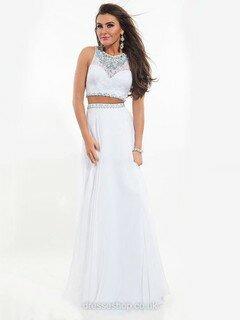 Scoop Neck White Chiffon Sweep Train Lace Two-pieces Prom Dresses #DS020101922