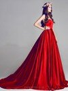 Sweetheart Red Elastic Woven Satin Ruffles Court Train Prom Dresses #DS020101950