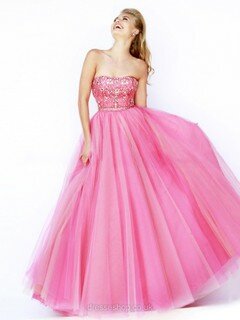 Popular Strapless Tulle Floor-length Beading Pink Prom Dresses #DS020101953