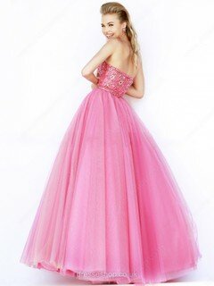 Popular Strapless Tulle Floor-length Beading Pink Prom Dresses #DS020101953