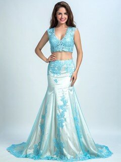 Trumpet/Mermaid V-neck Tulle Elastic Woven Satin Appliques Lace Two Piece Prom Dresses #DS020102049