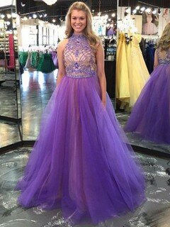 Two Piece Princess Tulle with Beading Pretty High Neck Prom Dress #DS020102068