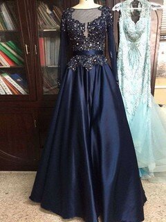 Dark Navy Scoop Neck Satin Floor-length Beading Long Sleeve Prom Dress #DS020102081