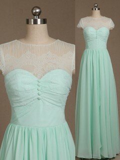 Perfect Scoop Neck Chiffon Lace with Bow Floor-length Short Sleeve Bridesmaid Dresses #DS01012733