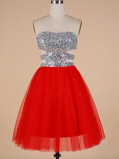 Boutique Sweetheart Tulle Crystal Detailing Red Short/Mini Prom Dresses #DS020102092