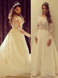 Fashion Off-the-shoulder Tulle Floor-length Appliques Lace Long Sleeve Wedding Dress #DS00022504