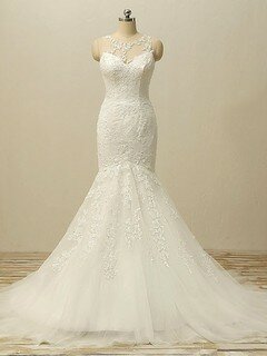 Elegant Scoop Neck White Tulle Appliques Lace Trumpet/Mermaid Wedding Dresses #DS00022506