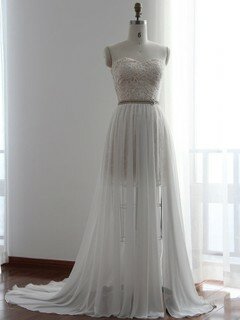 Wholesale Detachable White Chiffon with Lace Sheath/Column Wedding Dresses #DS00022510