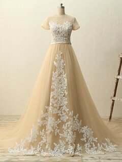 Champagne Tulle Court Train Appliques Lace Exclusive Short Sleeve Wedding Dresses #DS00022511