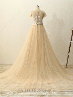 Champagne Tulle Court Train Appliques Lace Exclusive Short Sleeve Wedding Dresses #DS00022511