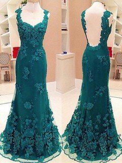 Online Scoop Neck Dark Green Tulle Appliques Lace Trumpet/Mermaid Prom Dresses #DS020102140