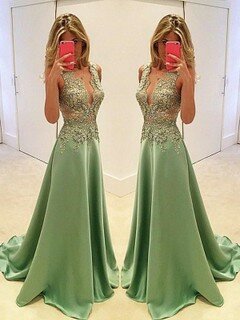 V-neck Silk-like Satin Appliques Lace Sweep Train Affordable Prom Dress #DS020102215