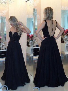 Scoop Neck Tulle Elastic Woven Satin Beading Floor-length Newest Black Prom Dress #DS020102329