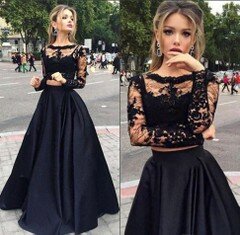 Scoop Neck Black Tulle Elastic Woven Satin Appliques Lace Long Sleeve Two Piece Prom Dress #DS020102335
