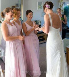 Pink Chiffon Floor-length with Ruffles Nice V-neck Bridesmaid Dress #DS01012771