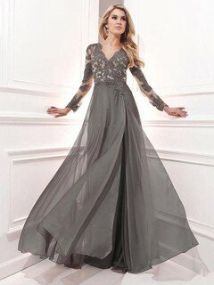 Online Tulle Chiffon Sweep Train Beading Long Sleeve V-neck Prom Dress #DS020102366