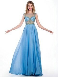 Scoop Neck Blue Chiffon Tulle Floor-length Beading Girls Prom Dresses #DS020102240