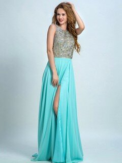 Scoop Neck Good Chiffon Tulle Sweep Train Split Front Open Back Prom Dress #DS020102279