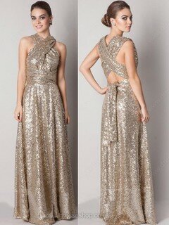 Backless A-line V-neck Gold Sequined Sexy Bridesmaid Dresses #DS01012791