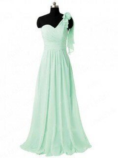 Different Sage Chiffon Sweep Train Ruffles One Shoulder Bridesmaid Dresses #DS01012805