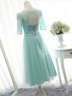 Knee-length Scoop Neck Lace Tulle Bow 1/2 Sleeve Bridesmaid Dresses #DS01012824