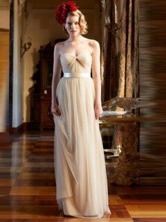 Exclusive Sweetheart Tulle Sashes / Ribbons Floor-length Champagne Bridesmaid Dress #DS01012850