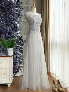 Latest Scoop Neck Lace Tulle Floor-length Ruffles Bridesmaid Dress #DS01012889