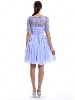 Scoop Neck Chiffon Tulle Knee-length Appliques Lace Sparkly 1/2 Sleeve Bridesmaid Dress #DS01012898