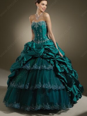 Strapless Dark Green Organza Taffeta Appliques Lace Ball Gown Prom Dress #02071656