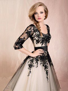 Ball Gown Scoop Neck Satin Tulle Appliques Lace 1/2 Sleeve Prom Dress #02071720