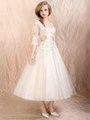 Ball Gown Scoop Neck Satin Tulle Appliques Lace 1/2 Sleeve Prom Dress #02071720