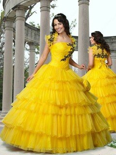 Ball Gown Organza Appliques Lace Strapless Yellow Quinceanera Dresses #02071728