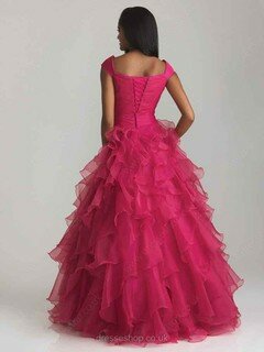 Ball Gown Cap Straps Fuchsia Tiered Organza with Beading Elegant Prom Dresses #02011937