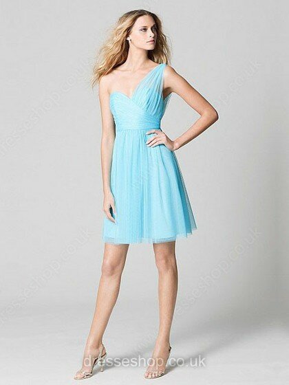Short/Mini Ruched Tulle Blue Open Back One Shoulder Bridesmaid Dress #01011645