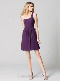 One Shoulder Purple Ruched Chiffon Knee-length Ladies Bridesmaid Dress #01011648