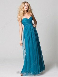 Sheath/Column Blue Ruffles Tulle Open Back Ankle-length Bridesmaid Dress #01011651