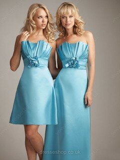 Sweet Strapless Satin Short/Mini Flower(s) Blue Bridesmaid Dress #01011710