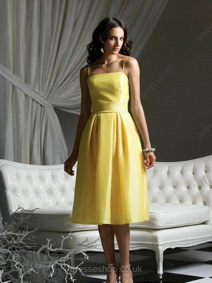 Tea-length Square Neckline Daffodil Taffeta Bow Spaghetti Straps Bridesmaid Dresses #01011744