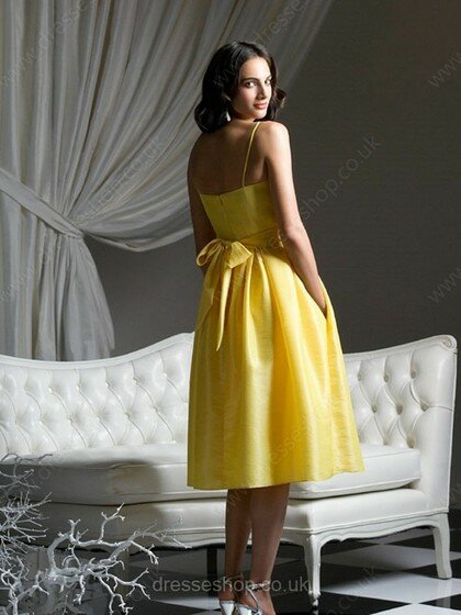 Tea-length Square Neckline Daffodil Taffeta Bow Spaghetti Straps Bridesmaid Dresses #01011744