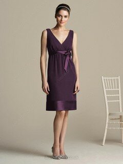 V-neck Grape Chiffon Silk-like Satin Sashes / Ribbons Sheath/Column Bridesmaid Dress #01011876